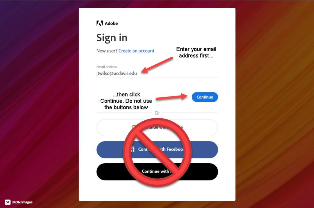 Adobe sign in screen: enter your email and click Continue