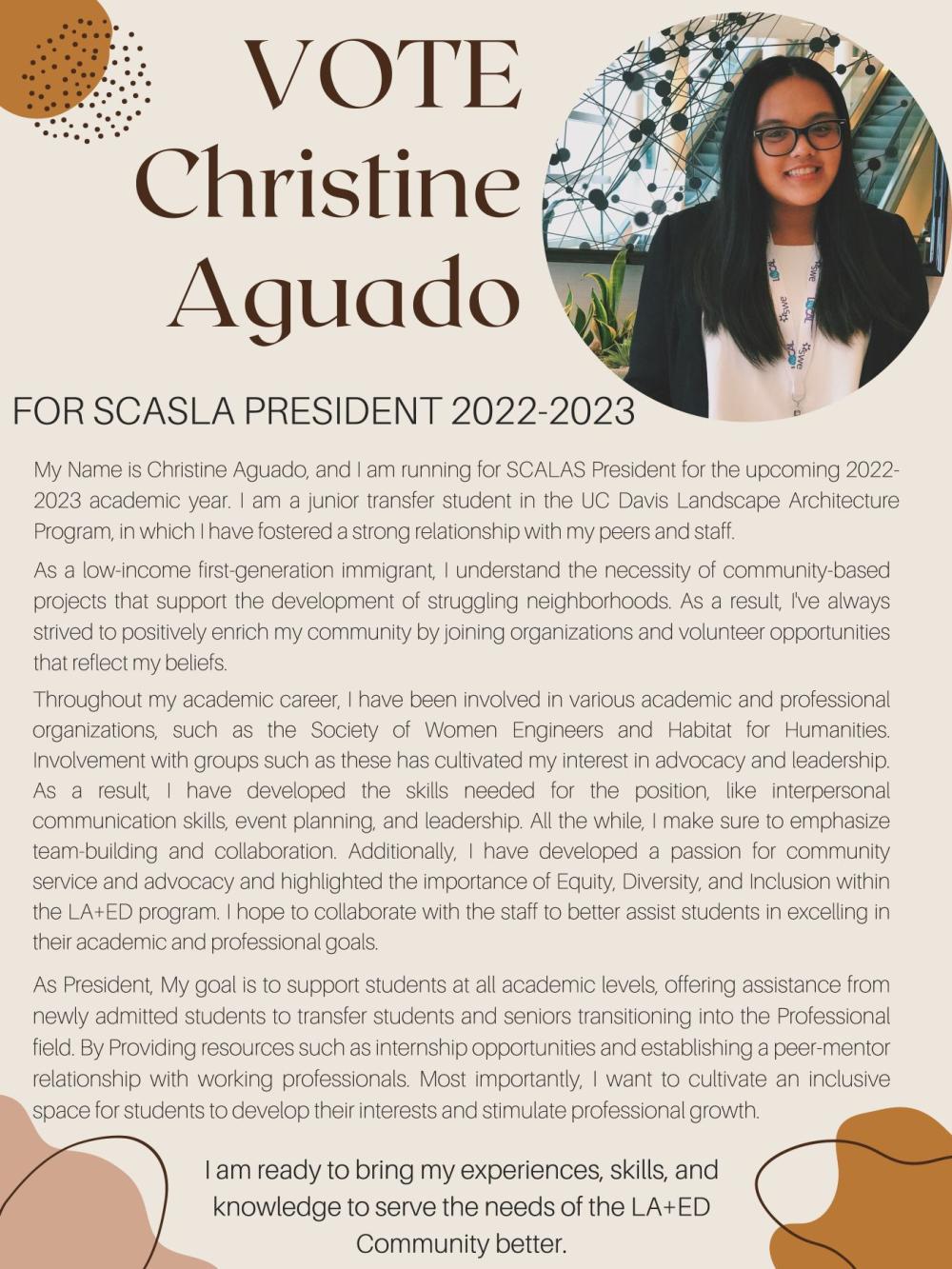 christine aguado for SCASLA 22-23 president campaign poster